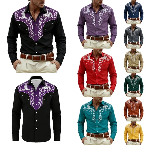 Mens Shirts Western Cowboys Printed Long Sleeve Button Lapel Top Casual Carnival Theme Classic Comfortable Shirt for Men Black XXXL