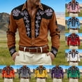 thumbnail image 1 of Mens Shirts Western Cowboys Printed Long Sleeve Button Lapel Top Casual Carnival Theme Classic Comfortable Shirt for Men Brown L, 1 of 5
