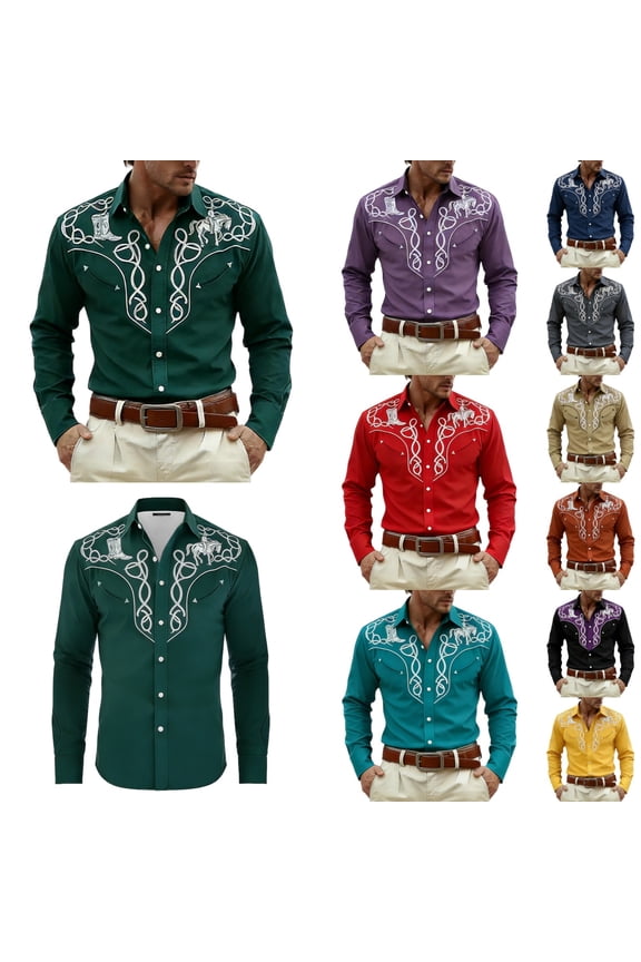 Mens Shirts Western Cowboys Printed Long Sleeve Button Lapel Top Casual Carnival Theme Classic Comfortable Shirt for Men Dark Green M