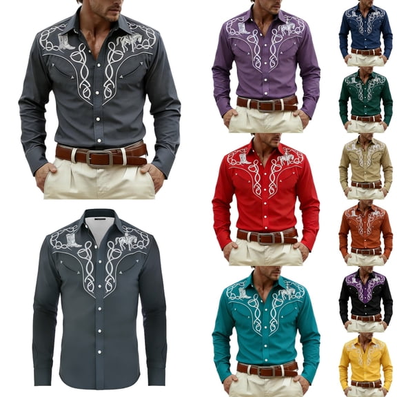 Mens Shirts Western Cowboys Printed Long Sleeve Button Lapel Top Casual Carnival Theme Classic Comfortable Shirt for Men Grey XL