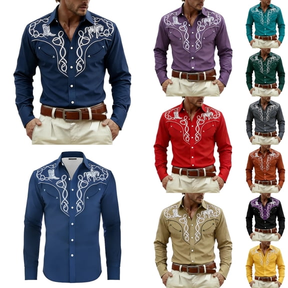 Mens Shirts Western Cowboys Printed Long Sleeve Button Lapel Top Casual Carnival Theme Classic Comfortable Shirt for Men Navy XXXL