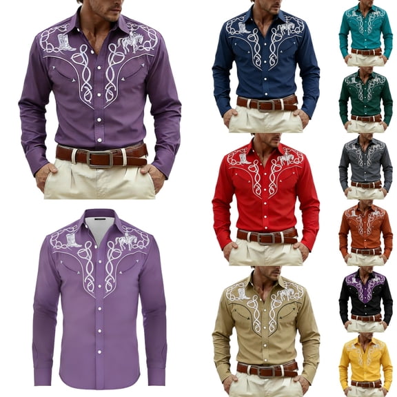 Mens Shirts Western Cowboys Printed Long Sleeve Button Lapel Top Casual Carnival Theme Classic Comfortable Shirt for Men Purple XL