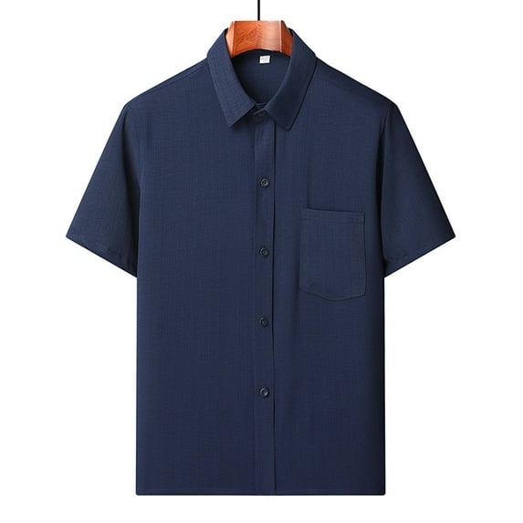 Mens Shirts with Pocket Short Sleeve Button-Down Collared T-Shirts Business Casual Solid Color Breathable Slim-Fit Work Tshirts Shirt