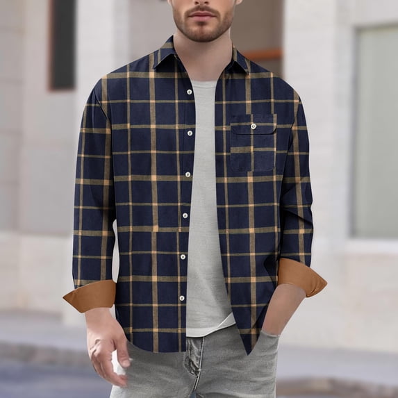Mens Shirts with Pockets Long Sleeve Button-Down Collared Tshirts Shirt Casual Plaid Printed Loose Breathable Lapel Going-Out Work Shackets Tops