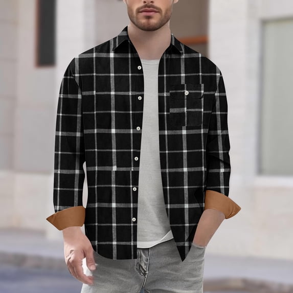 Mens Shirts with Pockets Long Sleeve Button-Down Collared Tshirts Shirt Casual Plaid Printed Loose Breathable Lapel Going-Out Work Shackets Tops