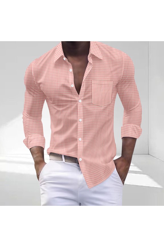 Mens Shirts with Pockets and Collar Tshirts Long Sleeve Button-Down Lightweight Trendy Plaid Printed Breathable Lapel Going-Out Beach Tops