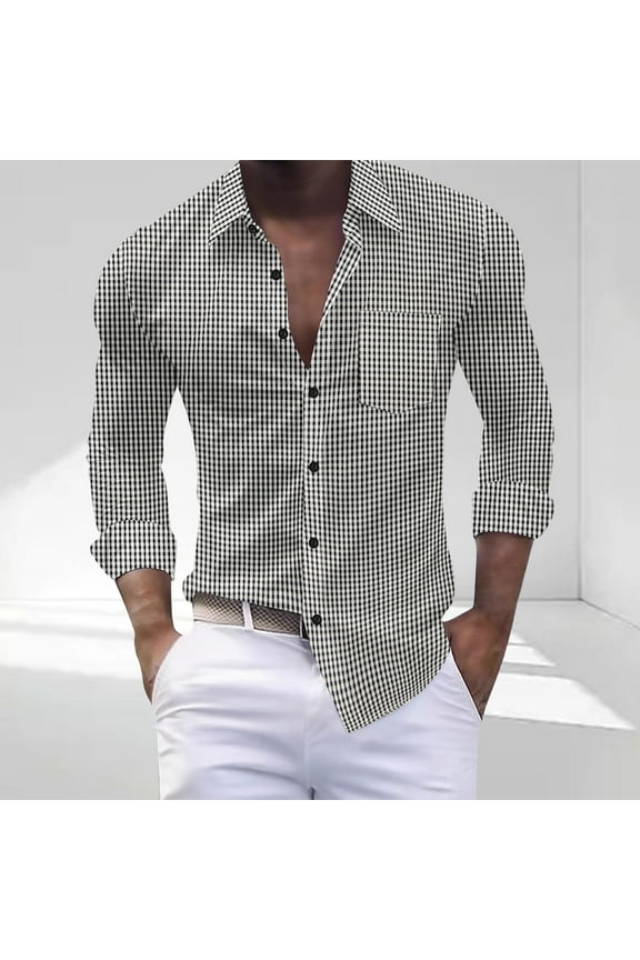 Mens Shirts with Pockets and Collar Tshirts Long Sleeve Button-Down Lightweight Trendy Plaid Printed Breathable Lapel Going-Out Beach Tops