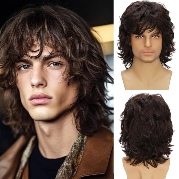 Mens Short Brown Wavy Wig Layered Natural Heat Resistant Synthetic Wigs Male Guy Daily Party Halloween Costume Cosplay Wig