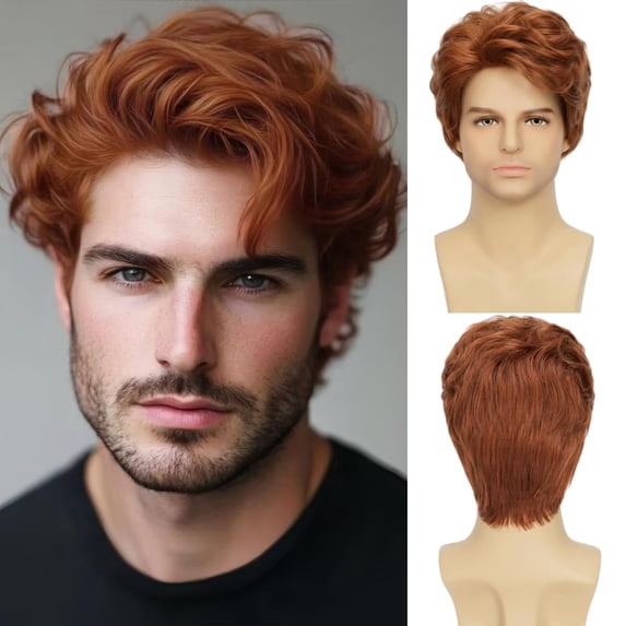 Red Wavey Color Mens Short Orange Curly Wig Auburn Red Layered Natural Fluffy for ...