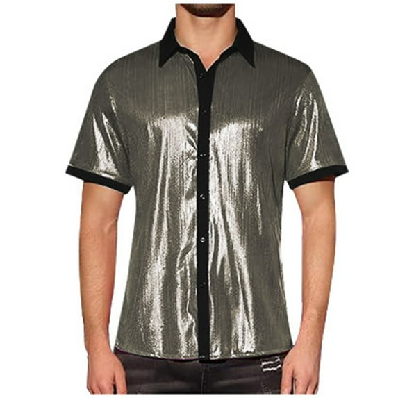 Mens Short Sequin Sleeve Shirt Metallic Rave Button Front Shirt Short Sleeve Party T Shirt Clubwear Trendy Casual Night Out Slim Fit Glossy Top,Silver,XXXL