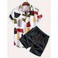 thumbnail image 1 of Mens Short Set 2 Piece Outfits Button Down Color Block Shirts And Shorts Set Summer Tracksuits, 1 of 5