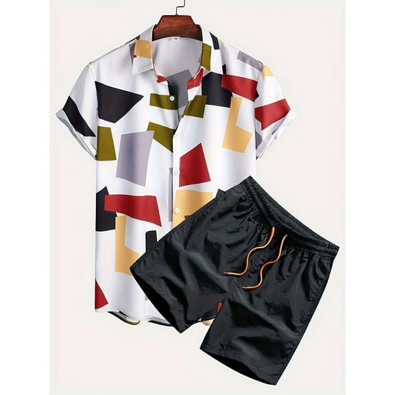 Mens Short Set 2 Piece Outfits Button Down Color Block Shirts And Shorts Set Summer Tracksuits