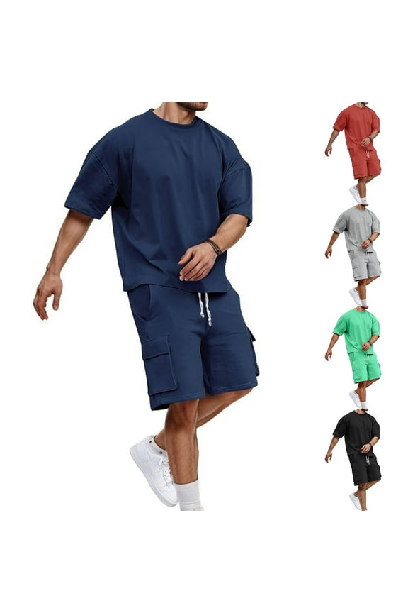 Mens Short Sets 2 Piece Outfits - Casual Summer Short Sleeve Sweatsuits Sets for Men with Cargo Pocket Casual Tracksuit Vacation Workout Sets