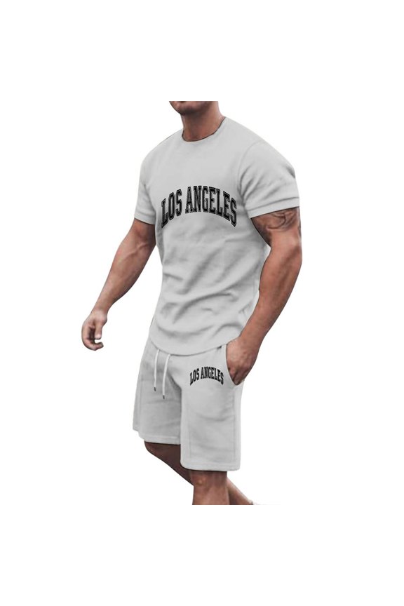 Mens Short Sets 2 Piece Outfits Fashion Summer Tracksuit Casual Shirt Shorts Slim Fit Athletic Sports Sweatsuit Letter Printed Size 3XL Gray