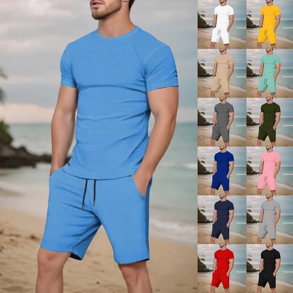 Mens Short Sets 2 Piece Outfits Summer Casual Soft Breathable Cotton Short Sleeve Shirts and Shorts Solid Color Men's Fashion Clothes White, Size XXL
