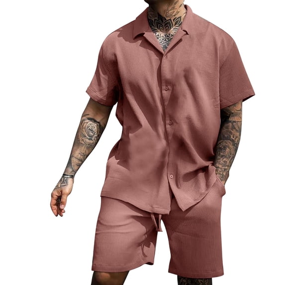 Mens Short Sets 2 Piece Outfits Summer Soft Breathable Button Down Shirt With Shorts Lightweight Daily Wear Beach Vacation Set Pink L