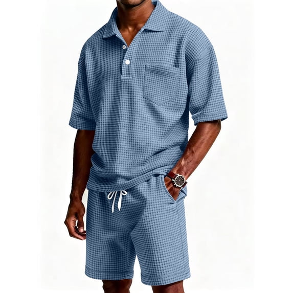Mens Short Sets 2 Piece Outfits Waffle Knit Short Sleeve Polo Shirt and Shorts Set Summer Casual Tracksuit with Pocket Light Blue 4XL