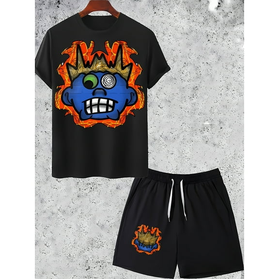 Mens Short Sets 2 Piece Summer Beach Outfits Graphic Short Sleeve Shirts and Shorts Sets for Men Black B M