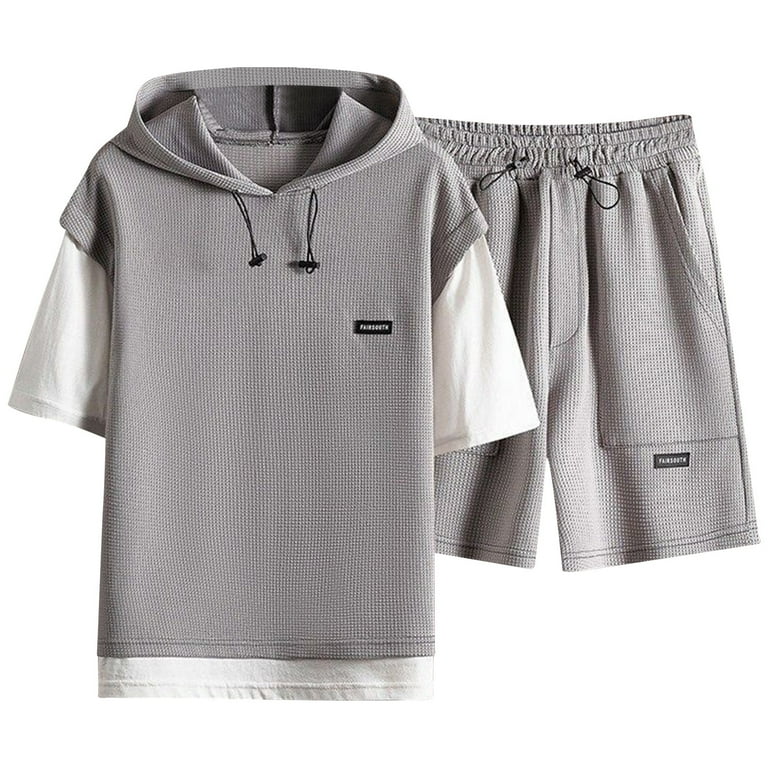 Mens Short Sets Clearance 2 Piece Outfit Fashion Casual Short Sleeve Hooded Sweatshirt Sweat Shorts With Pockets Drawstring Shorts Waffles Summer