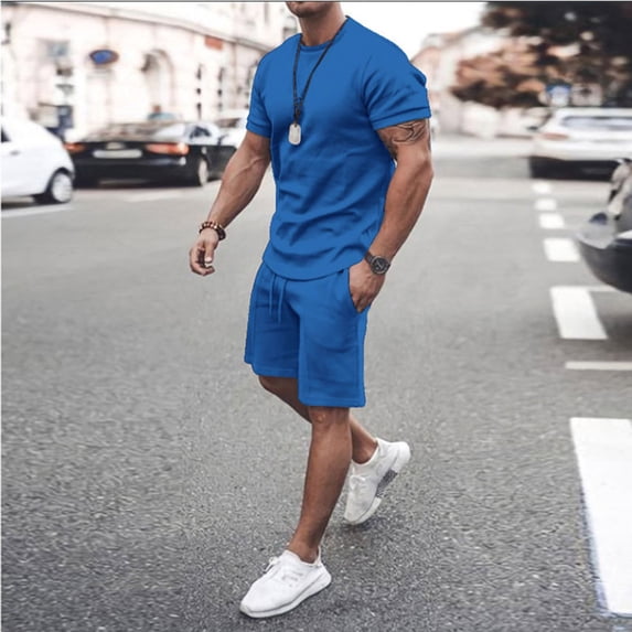 Mens Short Sets Summer 2 Piece Outfits Casual Crewneck Short Sleeve Jogging Shorts Tracksuits Blue