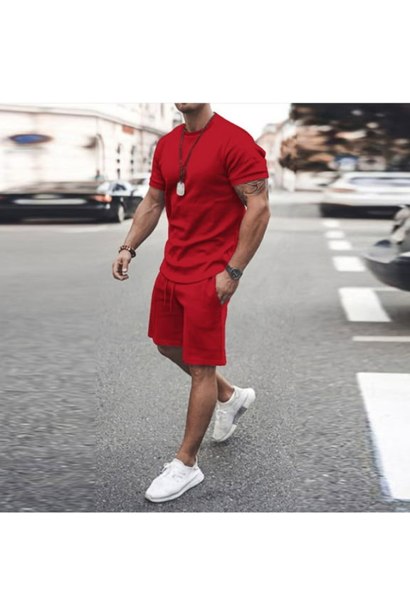 Mens Short Sets Summer 2 Piece Outfits Casual Crewneck Short Sleeve Jogging Shorts Tracksuits Red