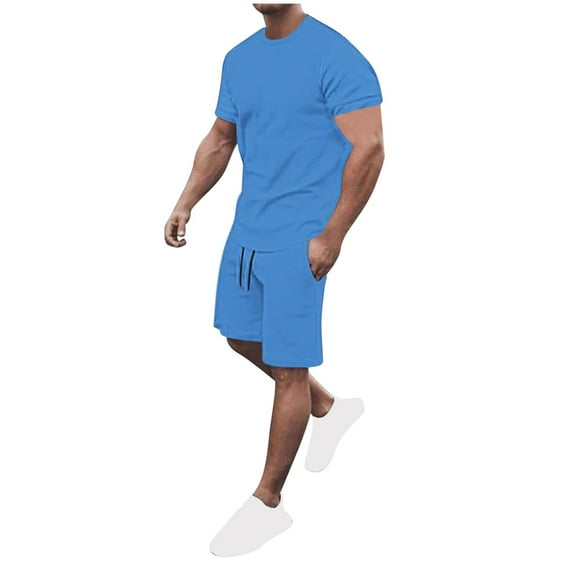 Mens Short Sets Summer Mens 2 Piece Outfits Mens Shorts Sets 2 Piece Outfits Short Sleeved Set Breathable Sports Set Solid Color with Five Point Shorts Round Neck Top Shirt Set