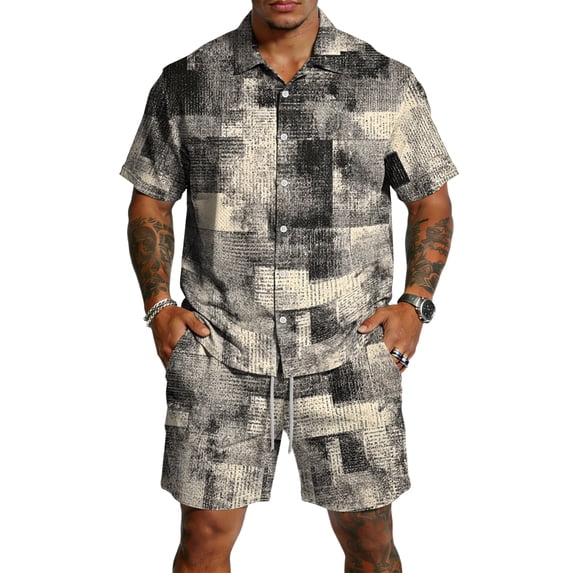 Mens Short Sleeve 2 Piece Sets Retro Texture Print Button Down Casual Summer Beach Vacation Shirt and Shorts Outfit