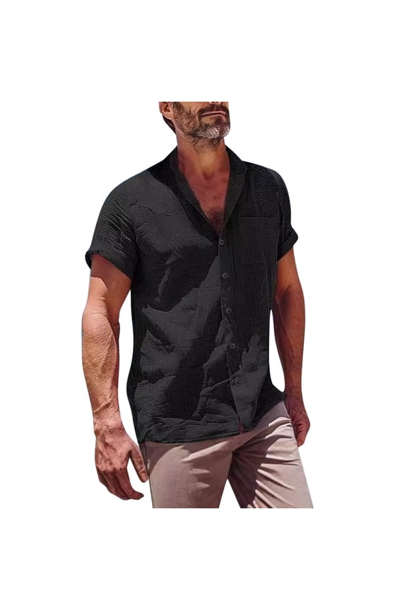 Mens Short Sleeve Band Collar Casual Button Down Shirts Summer Beach Vacation Hippie Tops Lightweight Breathable Untucked Regular Fit Solid Apparel with Pocket