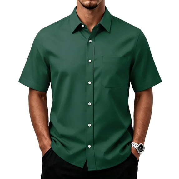 Mens Short Sleeve Button Down Shirt Casual Print Pocket Top Summer Lightweight Blouse for Work Travel Out Activities Dark Green 3XL