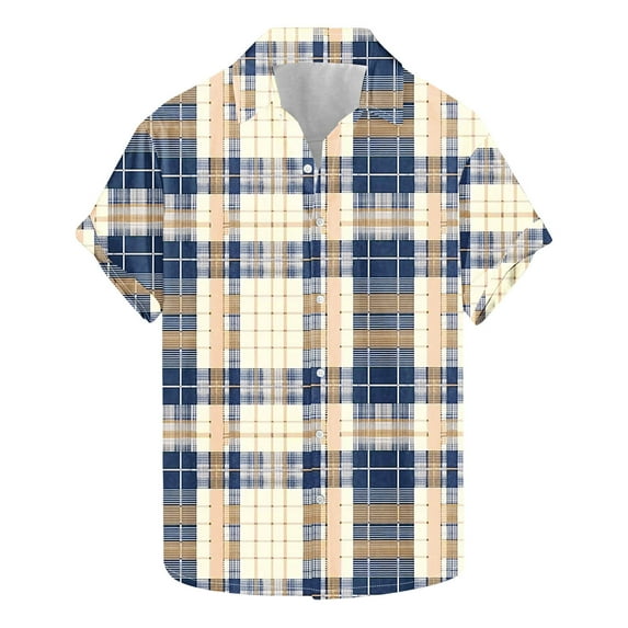 Mens Short Sleeve Button Down Shirts 2025 Summer Plaid Print Lapel Beach Shirts for Men Fashion Lightweight Casual Work Shirts