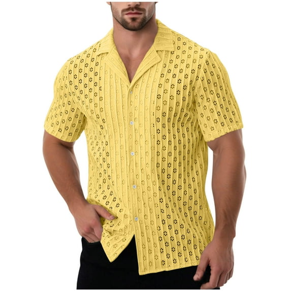 Mens Short Sleeve Button Down Shirts Casual Hollow Out Summer Beach Shirt