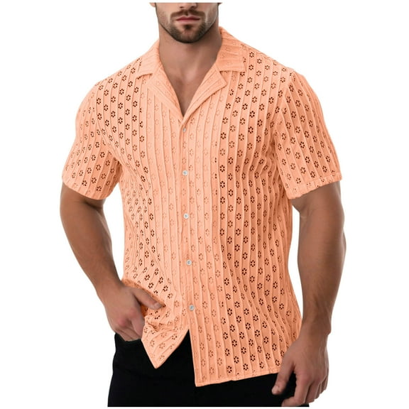 Mens Short Sleeve Button Down Shirts Casual Hollow Out Summer Beach Shirt