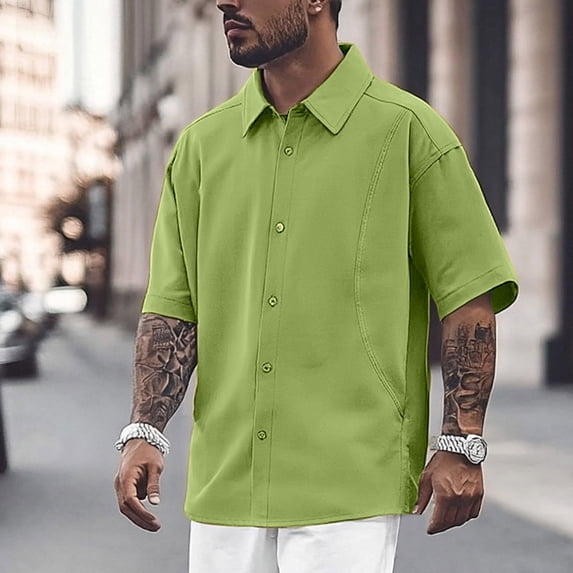 Mens Short Sleeve Button Down Shirts Casual Lightweight Soft Shirts Comfortable Slim Fit Beach Summer Tops Green Size L