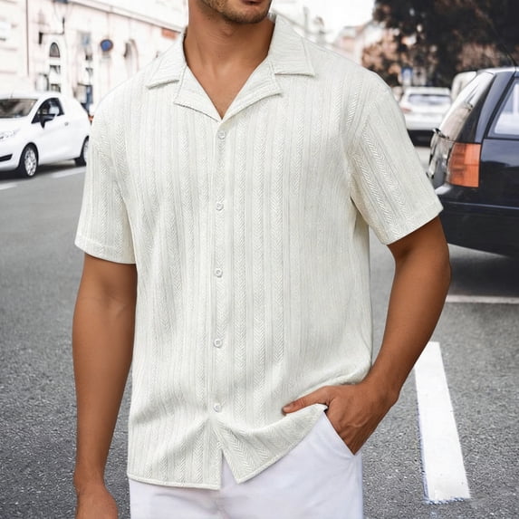 Mens Short Sleeve Button Down Shirts Casual Regular Fit Soft Shirts Solid Color Loose Beach Summer Clothing White Size XL