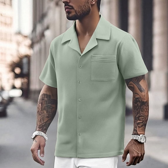 Mens Short Sleeve Button Down Shirts Casual Stylish Stretch Shirts Solid Color Loose Fashion Summer Clothing Green Size XXXXXL