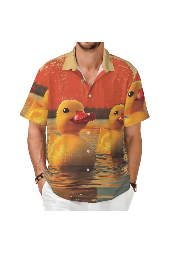 Mens Short Sleeve Button Down Shirts Casual Summer Beach Tops , Cute Yellow Rubber Ducks Retro