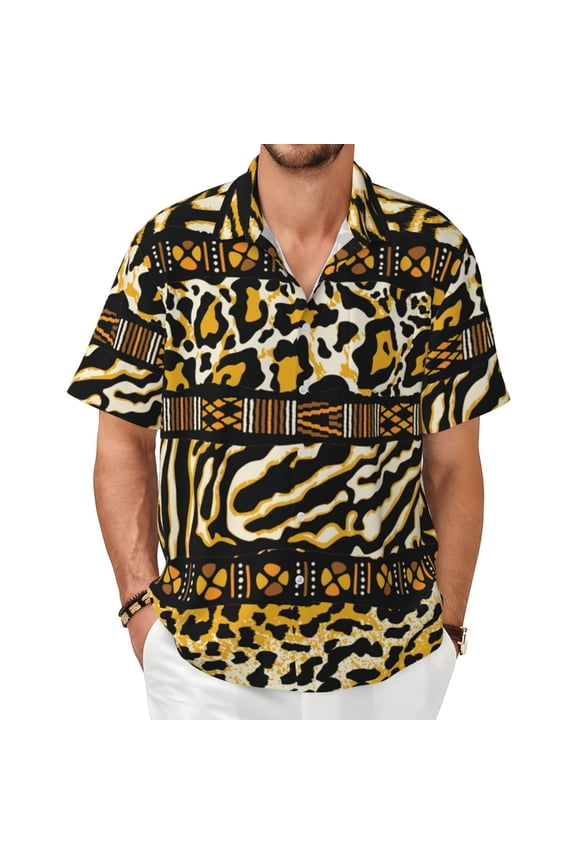 Mens Short Sleeve Button Down Shirts Casual Summer Beach Tops, Golden Wild Animal Skins With African Tribal Motifs