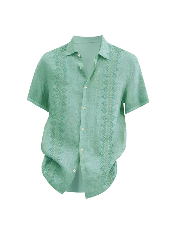 Mens Short Sleeve Button Down Shirts Cuban Guayabera Casual Summer Beach Wedding Tops Green 2XL