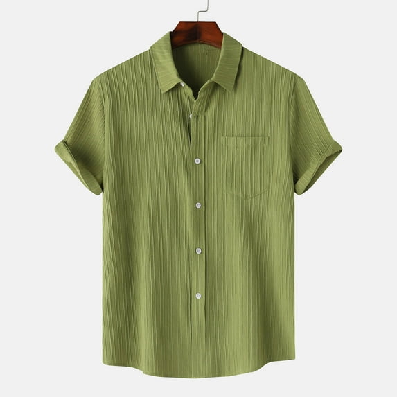 Mens Short Sleeve Button Down Shirts Solid Texture T-Shirts Casual Turndown Collar Vacation Beach Summer Tops with Pocket