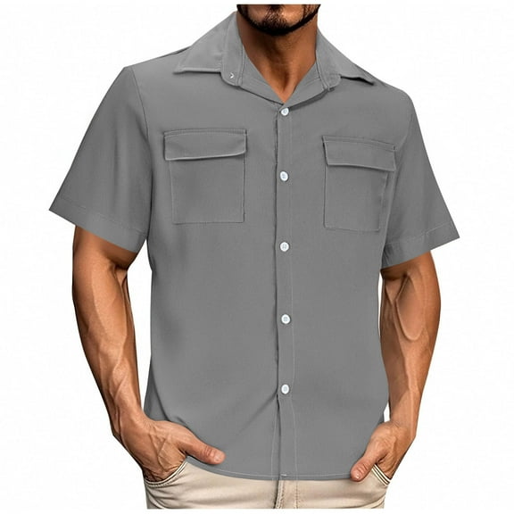 Mens Short Sleeve Button Down Shirts Two Pocket Vintage Mens Work Shirt Cotton Mens Shirts Casual Tops Gray XL