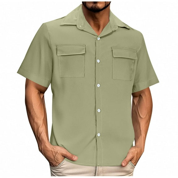 Mens Short Sleeve Button Down Shirts Two Pocket Vintage Mens Work Shirt Cotton Mens Shirts Casual Tops Green XXXL