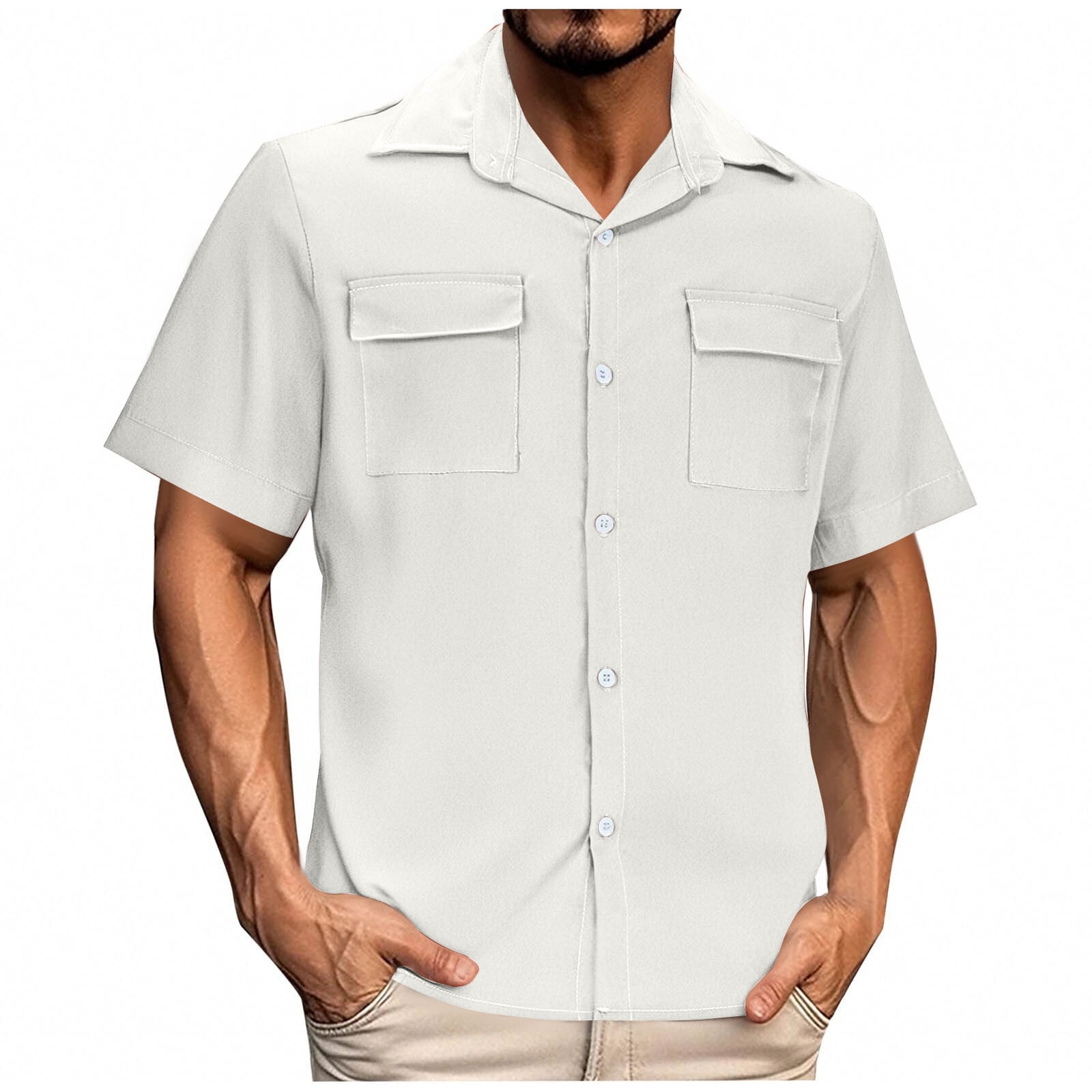 Mens Short Sleeve Button Down Shirts Two Pocket Vintage Mens