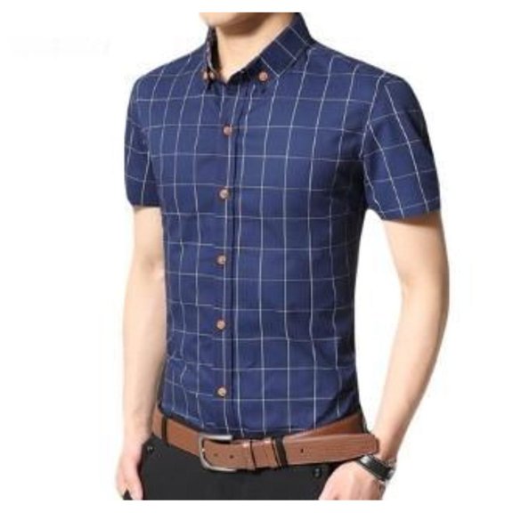 Mens Short Sleeve Button Front Checkered Shirt in Navy