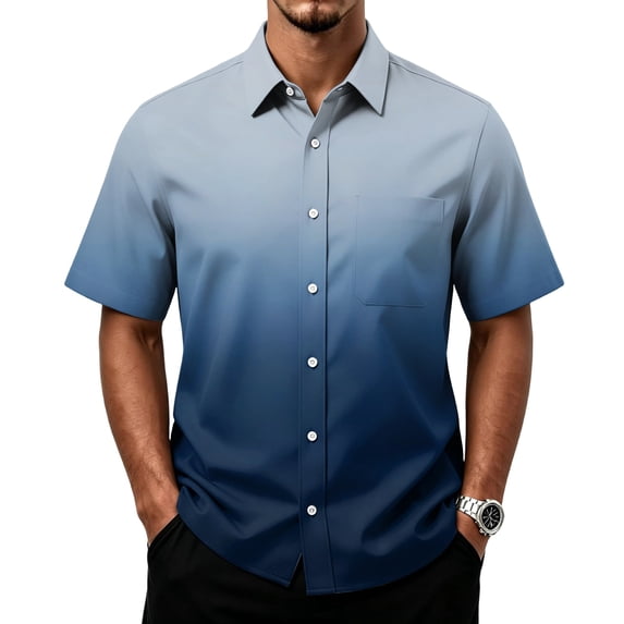 Mens Short Sleeve Button Down Shirt Gradient Print Casual Pocket Top Summer Beach Lightweight Breathable Loose Fit Tee for Vacation Travel Out Activities Comfortable Cool Blue 3XL