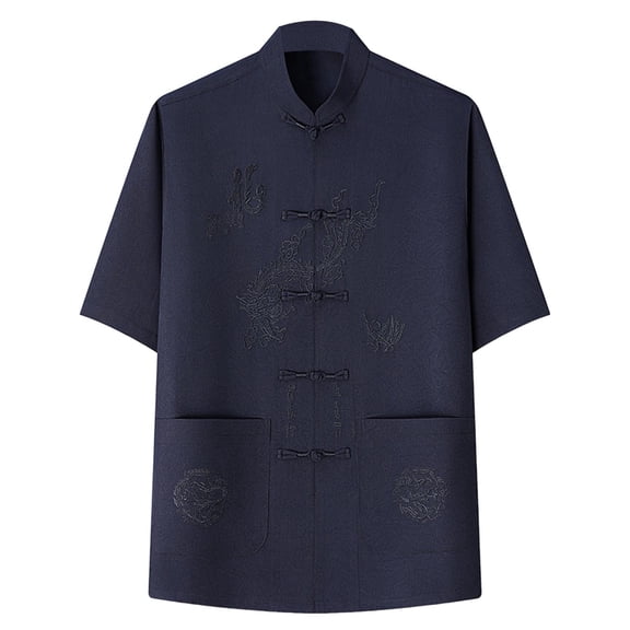 Mens Short Sleeve Button Down Shirts Band Collar Shirts Vintage Dragon Embroidery Traditional with Pockets Lightweight Casual Summer Tops for Martial Arts