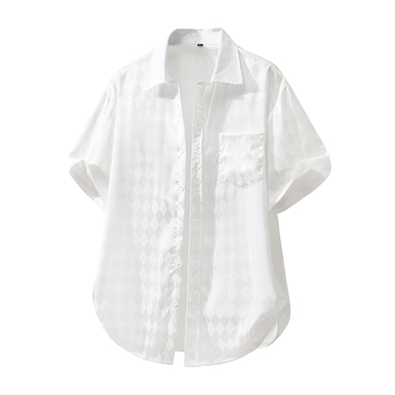 Mens Short Sleeve Button Down Shirts Jacquard Argyle Textured Summer Casual Tropical Beach Top, Fashion Loose Fit Lightweight Breathable Vacation Travel Tops with Chest Pocket