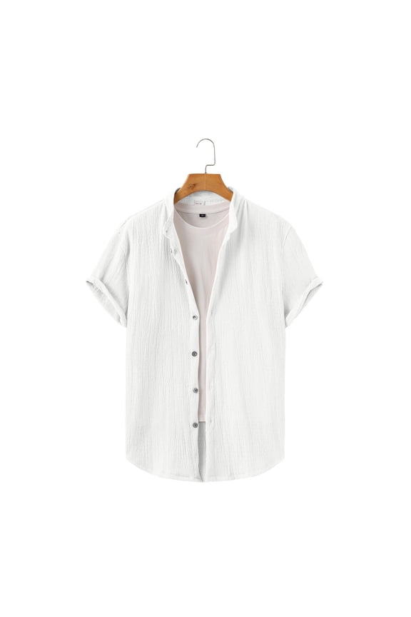 Mens Short Sleeve Button Down Tropical Shirt Band Collar Beach Summer Casual Textured Top, Regular Fit Lightweight Breathable Yoga Hippie Retro Old Money Style Shirts for Vacation