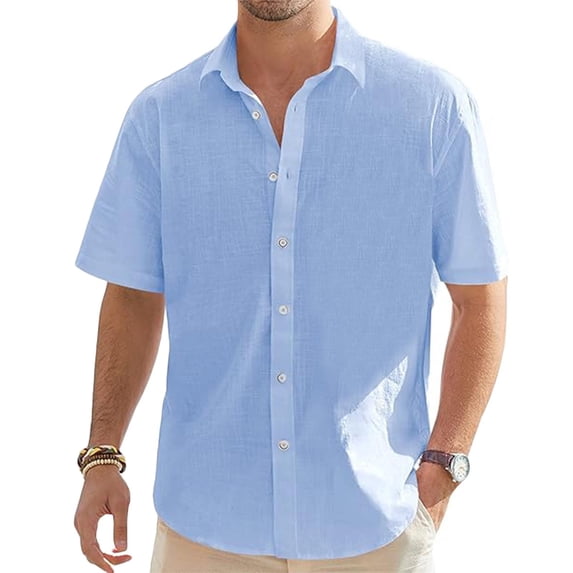 Mens Short Sleeve Button Up Shirts Linen Cotton Beach Tops Spread Collar Plain Summer T Shirt Light Blue