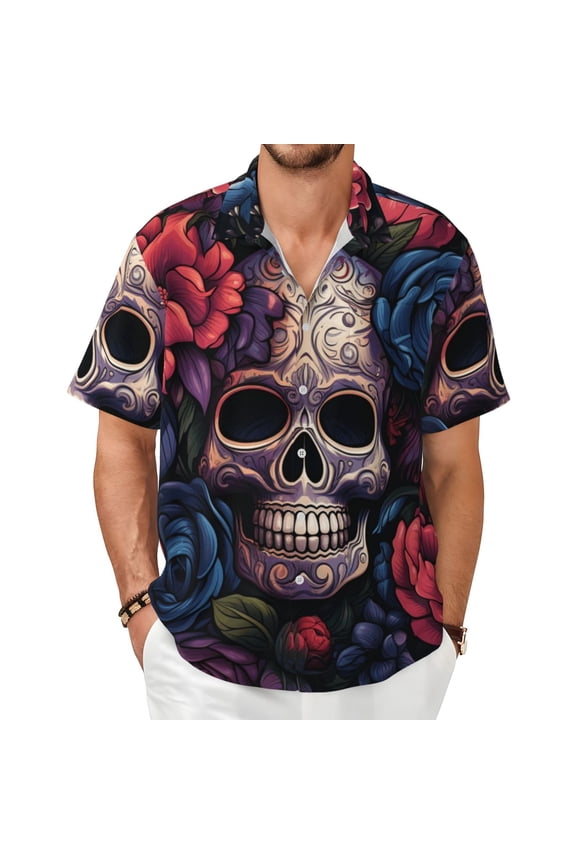 Mens Short Sleeve Casual Button Down Shirts Cuban Summer Dress, Gothic Skull Day Of The Dead Art