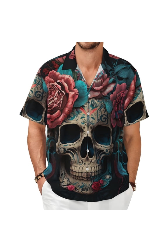 Mens Short Sleeve Casual Button Down Shirts Cuban Summer Dress, Mexican Skull Roses Day Of The Dead